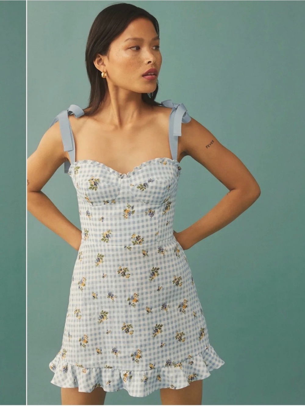 Reformation Blue Gingham Floral Tie-Shoulder Mini Dress